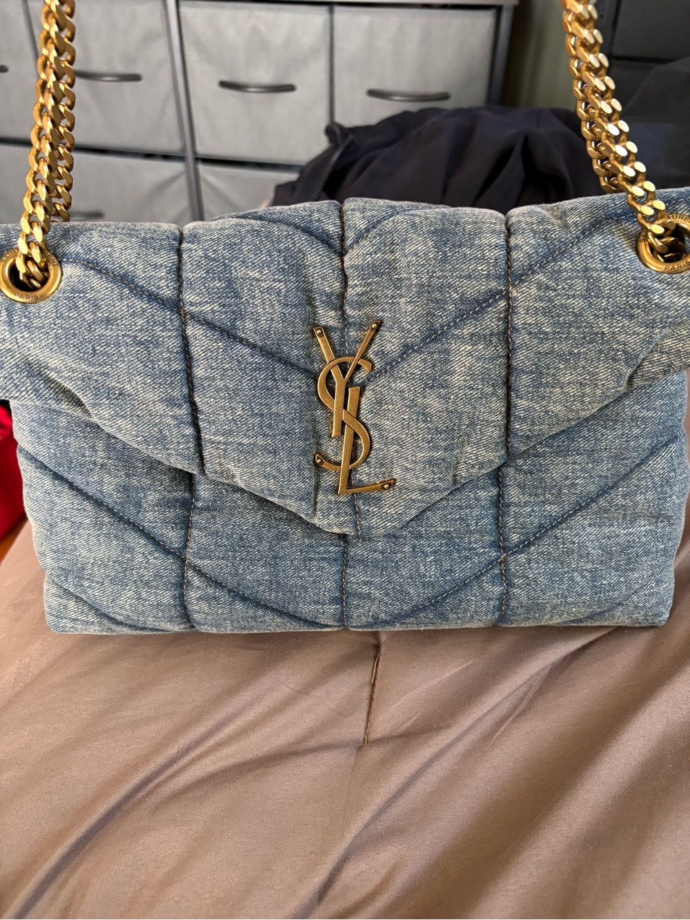 Quilted Denim Shoulder Bag - Light Blue with Gold Hardware